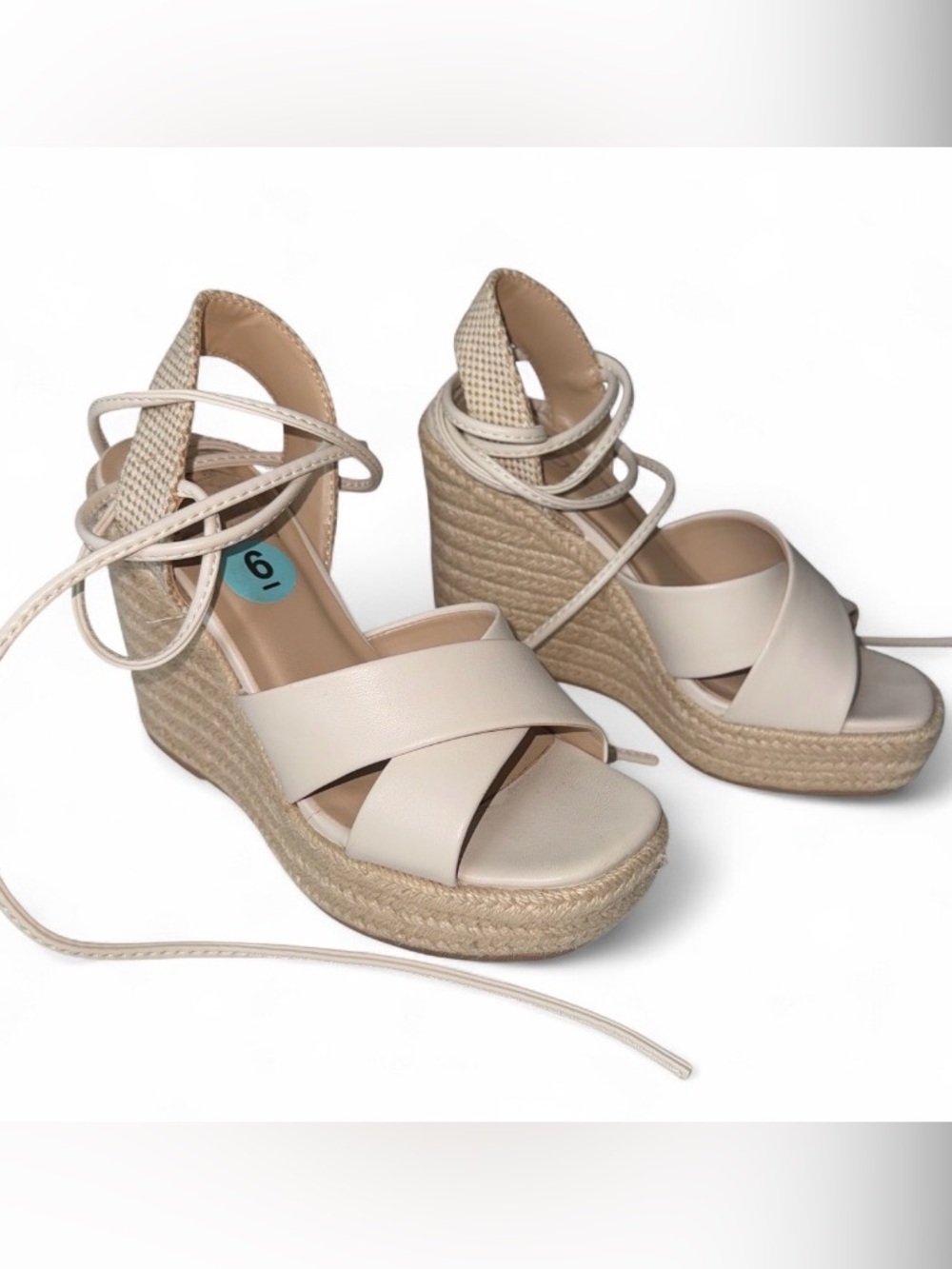 Women's Beige Espadrille Wedge Sandals with Wrap Tie size 6